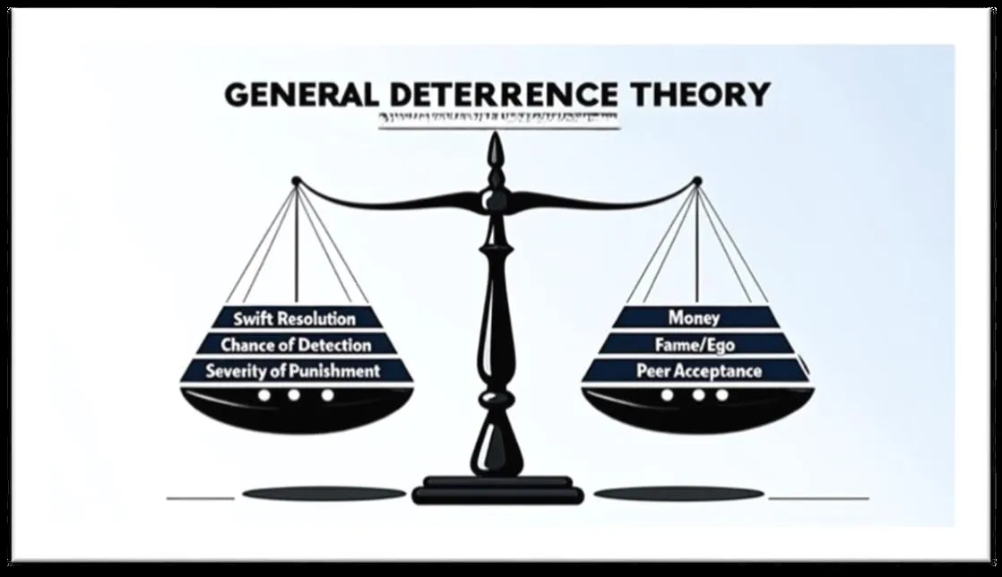Diagram of a balance scale weighing swift resolution, chance of detection, and severity of punishment against money, fame and ego, and peer acceptance